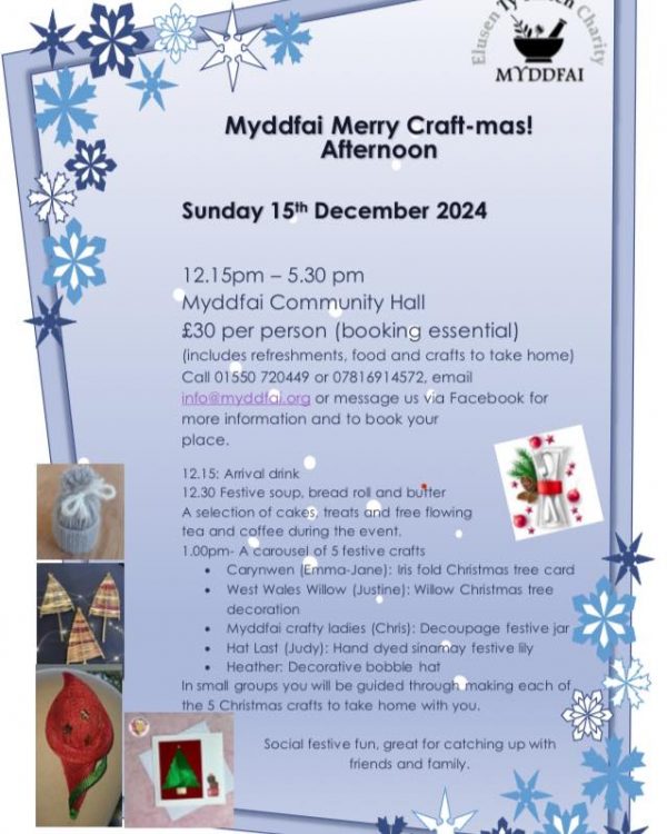 MYDDFAI "Merry Craft-mas Afternoon" - Sunday 15 December 2024 12.15- 5.30pm